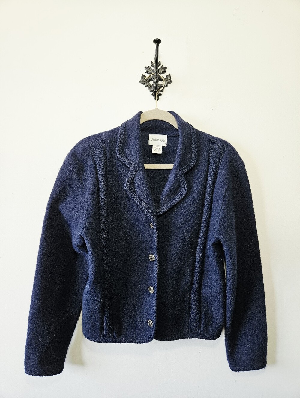 Bellessa Boiled Wool Cardigan Size S Button Front Navy Blue Sweater 100% Wool